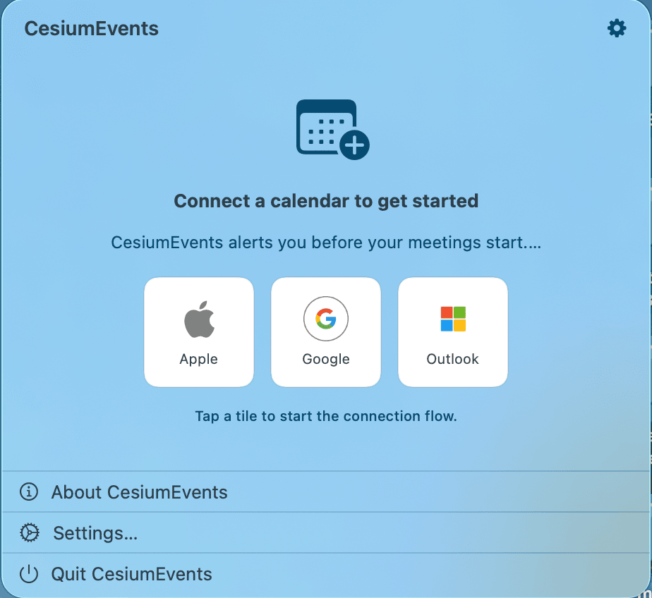 Cesium Events menu-bar dropdown showing the empty state with a prompt to add an account