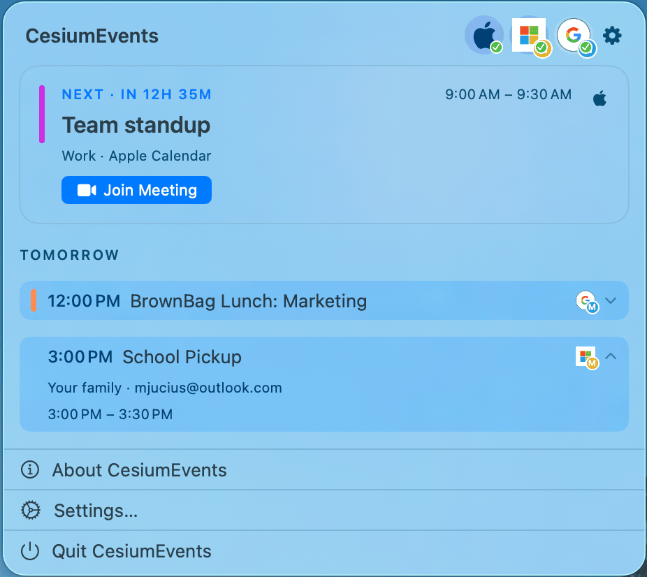 Cesium Events menu-bar dropdown showing Today and Tomorrow's events
