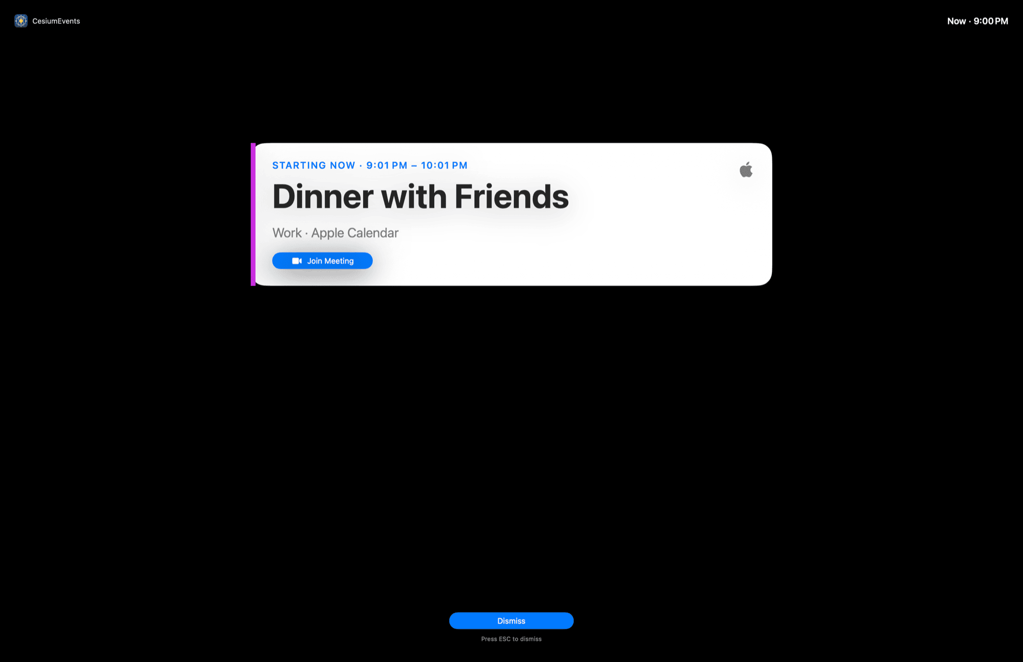 Full-screen Cesium Events notification card showing an upcoming meeting with a Join button