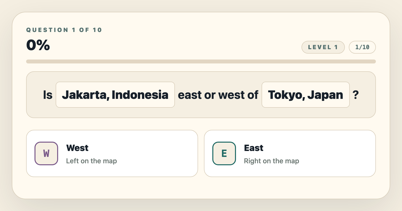Geography Nerd quiz: Is Jakarta, Indonesia east or west of Tokyo, Japan?