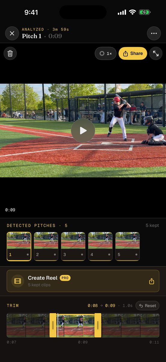 HitMark review screen showing an at-bat video with detected pitch clips, a trim timeline, and a Create Reel button