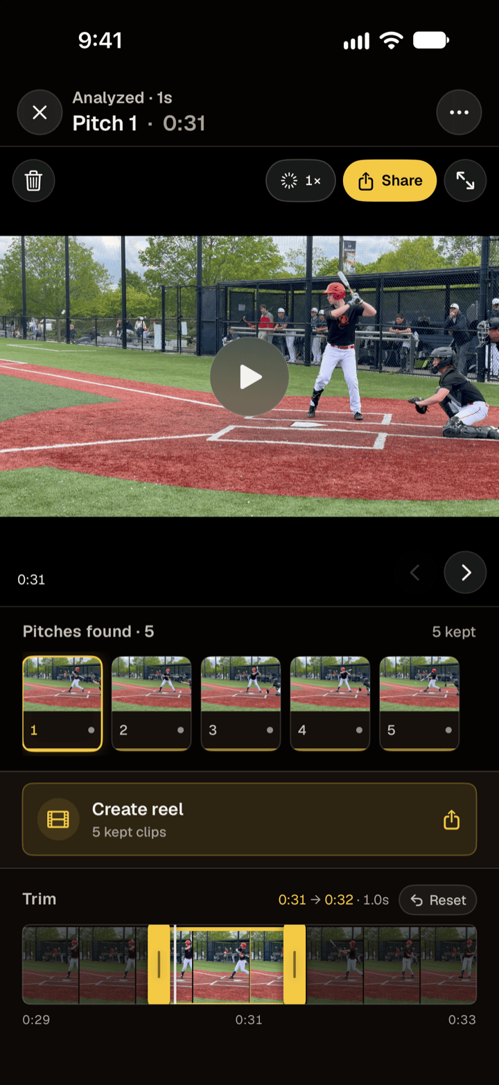 HitMark Review on iPhone showing Pitch 1 of an at-bat, with speed, Share and full-screen buttons above the video, previous and next arrows below it, a Pitches found · 5 strip, a Create reel card and a Trim timeline
