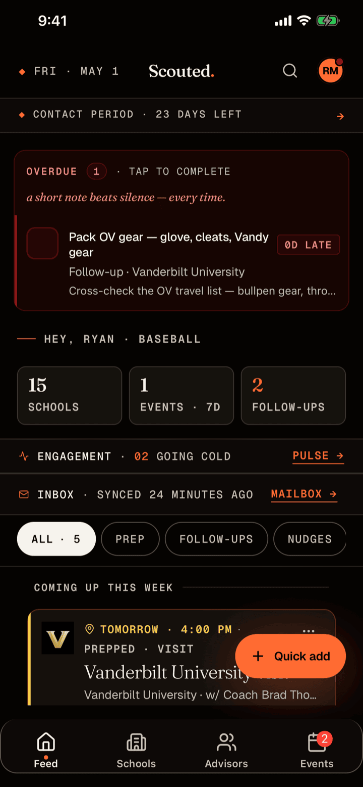 Scouted athlete feed showing schools and recent coach messages